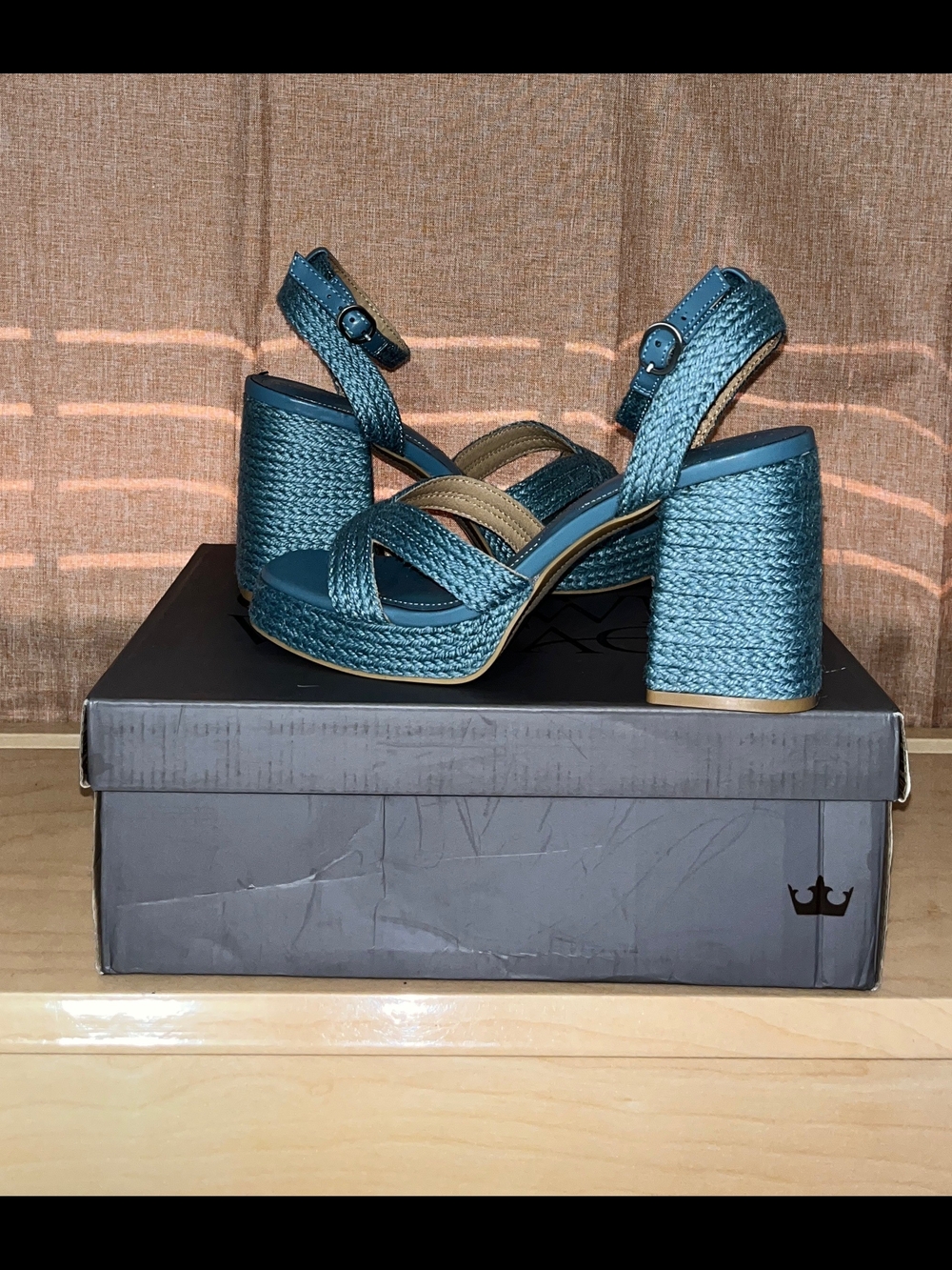 Womens Teal Woven Platform Sandals with Ankle Strap